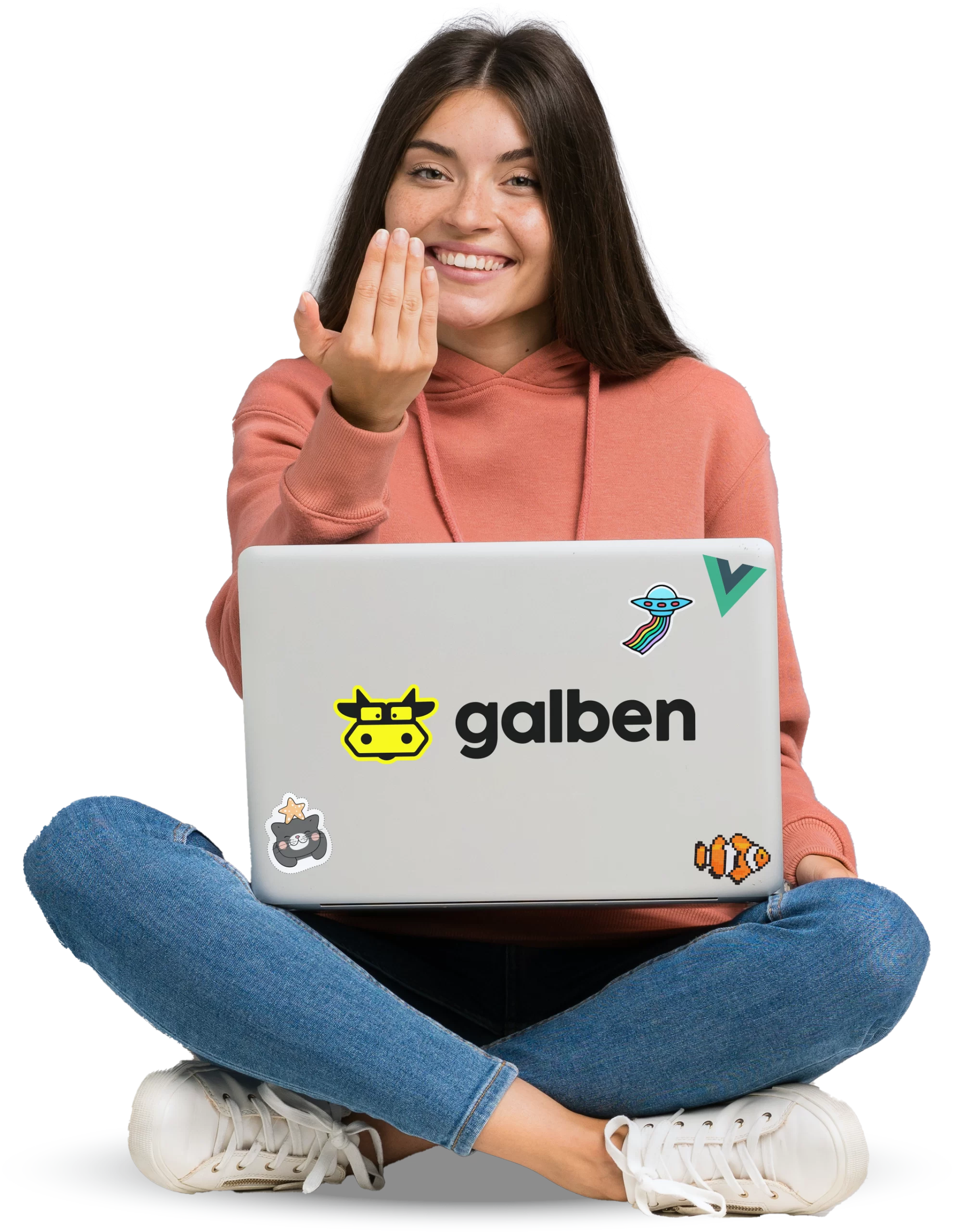 Imagem ilustrativa de uma jovem mulher com um laptop convidando os visitantes do site a conhecerem a agência Galben