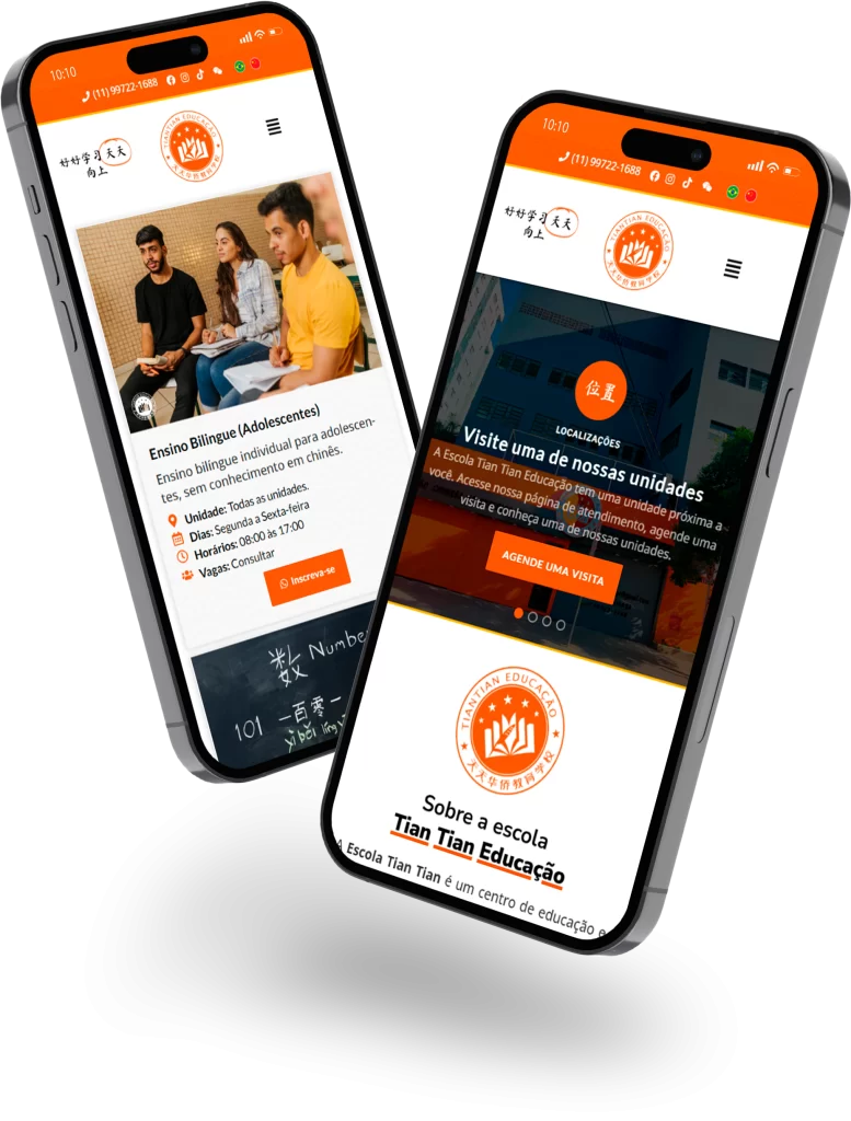 Imagem ilustrativa de um smartphone mostrando duas telas da página inicial do site da escola bilíngue Tian Tian