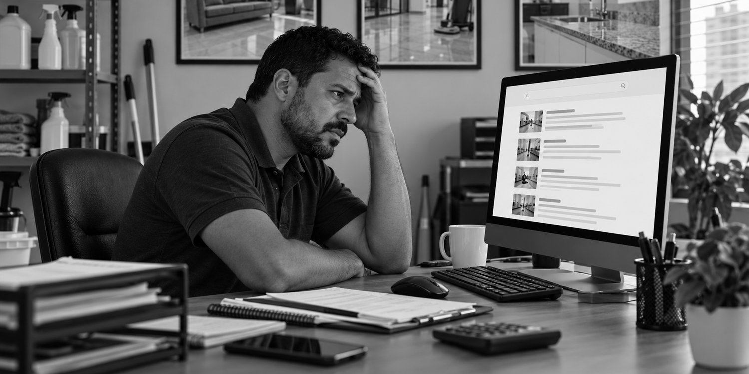 Imagem ilustrativa de um empreendedor, prestador de serviços locais frustrado ao ver que o site de sua empresa não aparece nos resultados de pesquisas no Google.