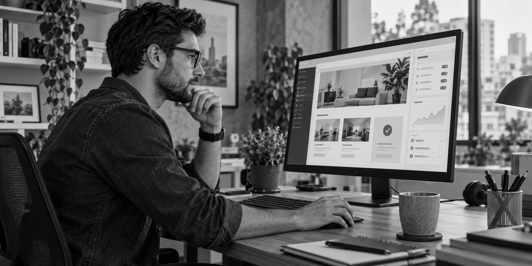 Imagem ilustrativa de um empresário analisando o funcionamento e desempenho do seu site.