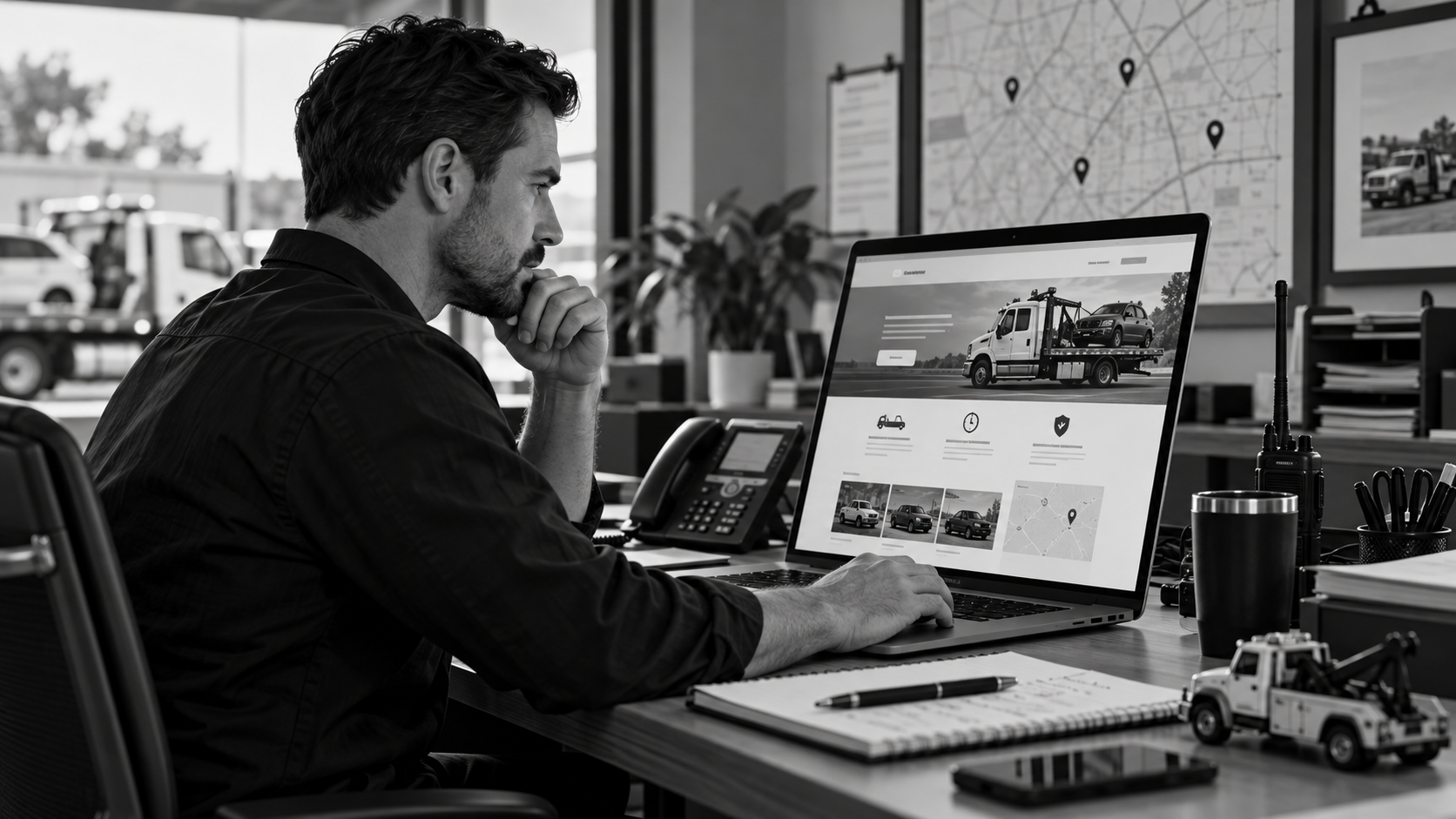 Imagem ilustrativa de um empresário analisando o site da sua empresa prestadora de serviços.